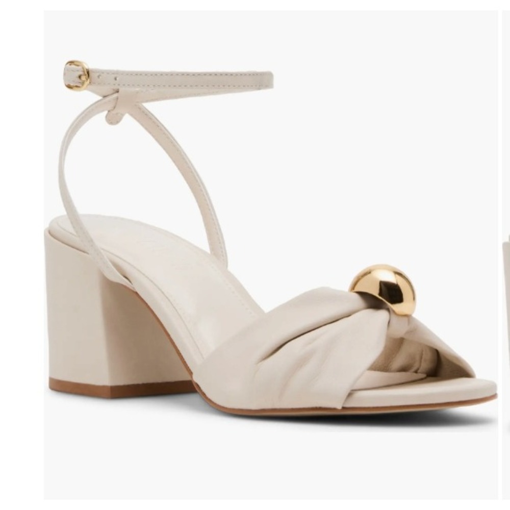 Steve Madden Cream Ankle-Strap Block Heel Sandals with Gold Accent